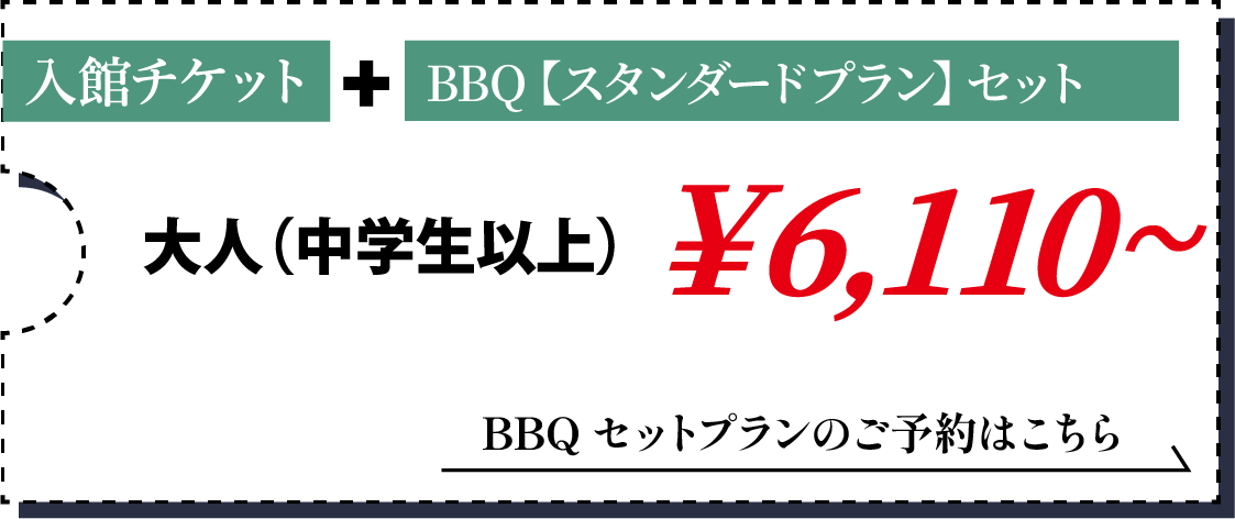 入館チケット+BBQ【スタンダードプラン】セット1人前・大人（中学生以上）6,110円～
